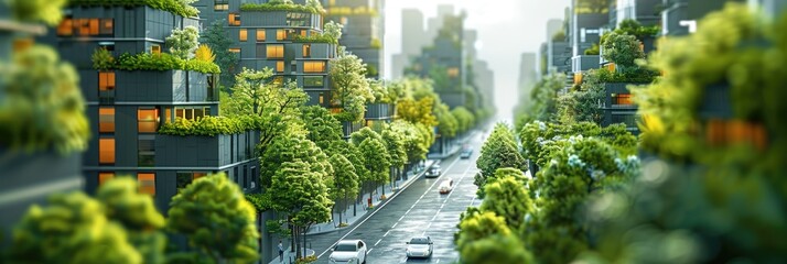 A vibrant green urban cityscape showcasing eco-friendly buildings with vertical gardens and abundant trees along a busy road.