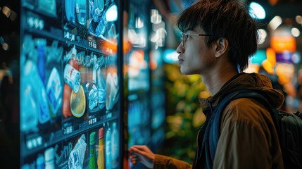 A young man browsing digital vending machines for snacks and drinks in a modern urban setting, brightly lit and colorful.