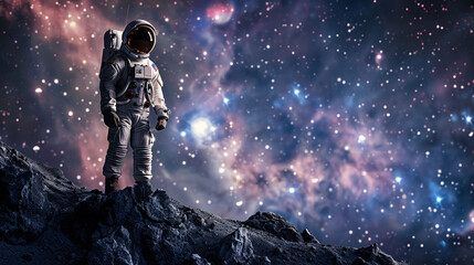 Naklejka premium sad astronaut standing alone on planet mars with space galaxy background