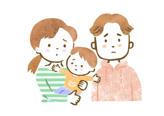 男の子を抱っこした母親と父親の困った表情の3人家族の上半身手描きイラスト