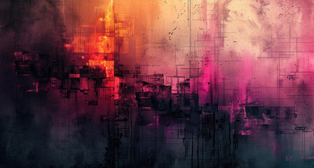 Naklejka premium Abstract digital art with vibrant colors and geometric shapes, blending hues of pink, purple, and orange creating an ethereal and dynamic composition.