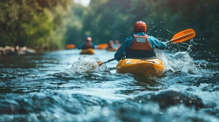 Fototapeta premium Adventure seekers kayaking downstream on a river surrounded by lush greenery, experiencing the thrill and excitement of nature's waterways.