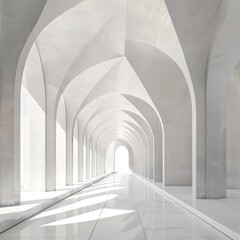 Obraz premium An image of a long, white hallway with arched columns on either side. The floor is made of white marble and the walls are made of white marble. There is a bright light at the end of the hallway.