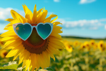 Closeup of heart-shaped sunglasses on a bright yellow sunflower in a field


