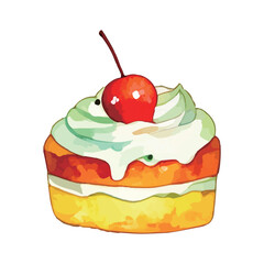 さくらんぼの乗ったカップケーキの水彩イラスト Generative AI