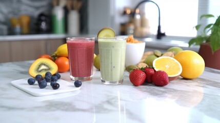 a glass of fruit smoothie surrounded by various types of fresh fruit on the kitchen table.