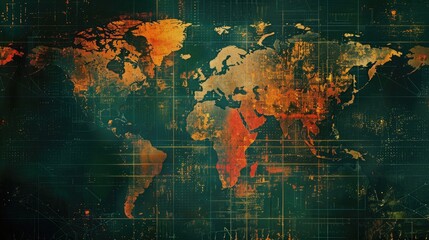 Obraz premium Colorful abstract world map with textured background, highlighting continents in warm hues, an artistic representation of global geography.