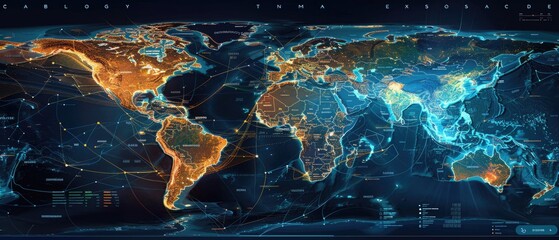 Fototapeta premium Colorful and detailed digital world map highlighting continents in vibrant hues, representing global connectivity and technology.