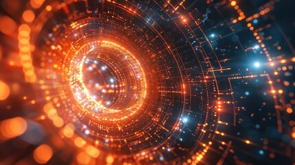 Obraz premium Futuristic digital abstract background with glowing orange and blue lights, representing technology, innovation, and advanced computing systems.