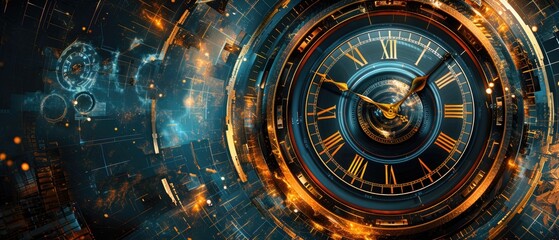 Fototapeta premium Futuristic clock with glowing elements and cosmic background, representing the concept of time travel and advanced technology.