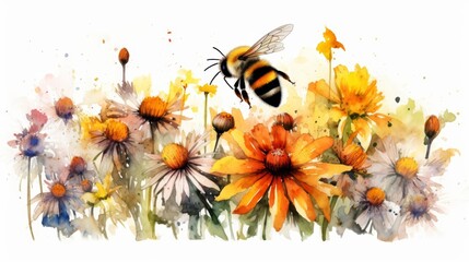 A watercolor of a bee, busy and industrious, buzzing around a flower, illustrating themes of productivity and nature, amidst a bright, blooming garden, Clipart isolated on white