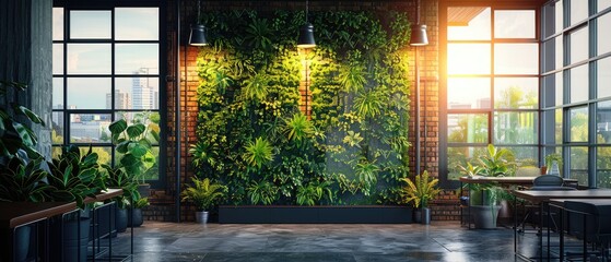 Modern interior with green vertical garden, large windows, and natural light. Urban office space with lush plants and cozy atmosphere.