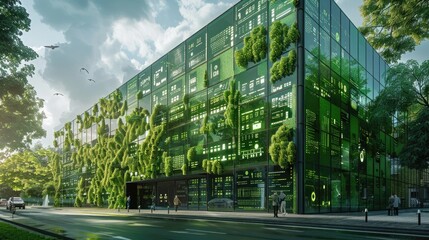 Naklejka premium Modern green building with vertical garden and glass facade in urban cityscape, emphasizing sustainable architecture and eco-friendly design.