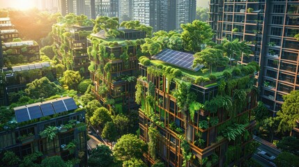 Obraz premium Modern urban architecture with green buildings covered in lush vegetation in a cityscape at sunrise.