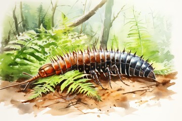 Obraz premium A watercolor of a centipede, long and agile, crawling over leaves, symbolizing speed and adaptability, amidst a damp, forest floor, Clipart isolated on white