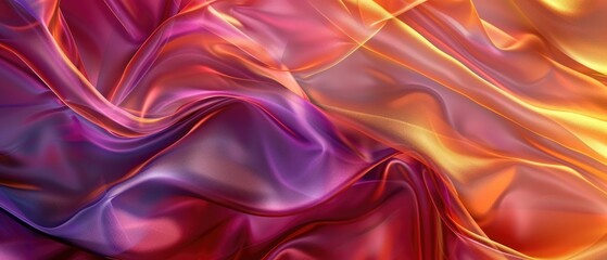 Vibrant abstract background with flowing purple, orange, and pink silk-like fabric textures creating a smooth, wavelike pattern.