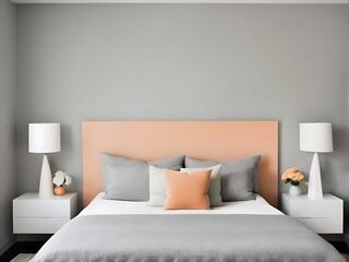 Obraz premium Bedroom in delicate peach fuzz color panton furniture and accent wall. Modern luxury room interior home or hotel design. Empty warm apricot paint background for art.3d render 