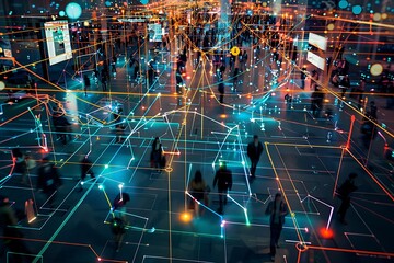 A network of glowing pathways forming a bustling marketplace, where data is exchanged and traded