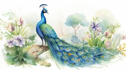 A watercolor of a peacock