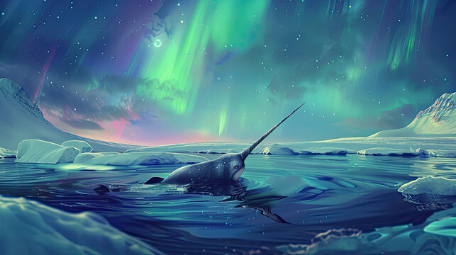 Swimming narwhal in Arctic, tusk through surface, icebergs and Northern lights, moonlit scene.