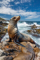 Fototapeta premium Basking sea lion on rocky shore, with crashing waves, rugged coastline, and blue sky.