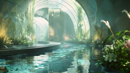 Enchanting Underwater Cavern with Lush Foliage and Serene Reflections