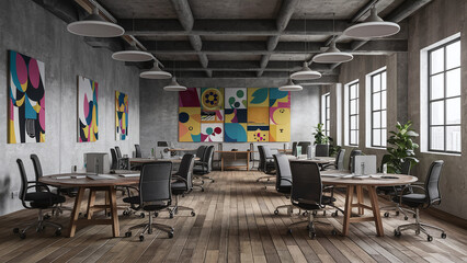 cool modern coworking space with artworks