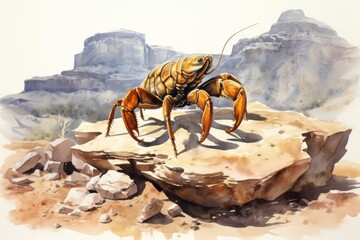 Obraz premium A watercolor of a scorpion, fierce and resilient, poised on a rock, illustrating themes of danger and survival, amidst a dry, desert landscape, Clipart isolated on white