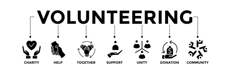 Volunteering banner icons set for volunteer aid assistant with glyph style icon of charity, help, together, support, unity, donation, and community	