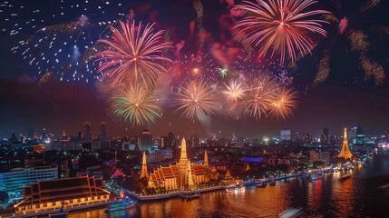 Fototapeta premium New Year’s Eve Celebration with Fireworks Festival at Night in Bangkok, Thailand.
