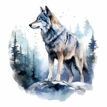 recommend clip art: A watercolor of a wolf, fierce and agile, howling at the full moon, capturing the essence of the wild and freedom, set in a snowy forest, Clipart isolated on white