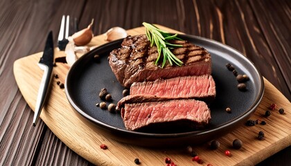 Beef steak  grilled in plate on wooden background
