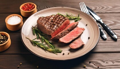 Beef steak  grilled in plate on wooden background