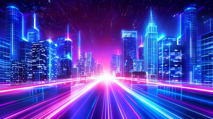 A cityscape with neon lights and a bright blue sky. The city is bustling with activity and the sky is filled with stars. Scene is energetic and lively