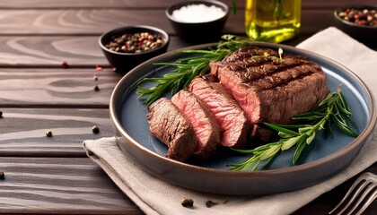 Beef steak  grilled in plate on wooden background