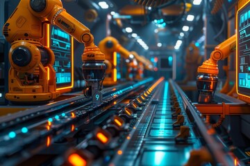 Futuristic automated robotic arms working on an advanced assembly line in a high-tech manufacturing facility with glowing lights and screens.