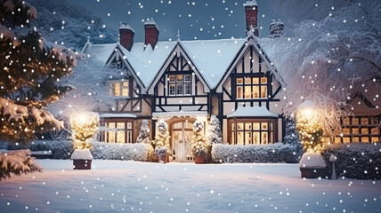 Naklejka premium Christmas in the countryside manor, English country house mansion decorated for holidays on a snowy winter evening with snow and holiday lights, Merry Christmas and Happy Holidays design