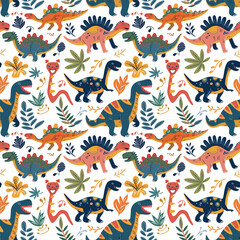 Kids seamless cute colorful different dinosaurs wallpaper, seamless dino pattern, Funny dinosaurs on a white background, useful for wallpaper, nursery, textile, wrapping paper