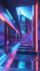 Futuristic Neon-Lit Tunnel with Glowing Walkway and Staircase in Vibrant Aesthetic
