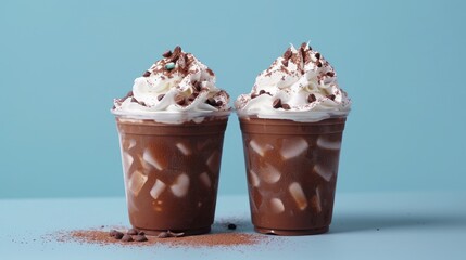 Chocolate and whipped cream on cold cocoa drink served in a take home cup against a blue backdrop Food concept from the front