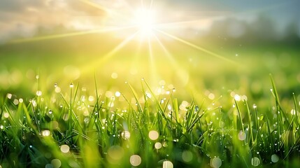 landscape photo of sunlight reflecting  dewdrops on fresh green grass