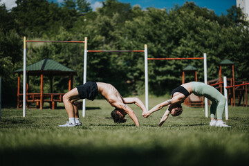Two people performing back bends while holding hands in an urban park. Captures strength, flexibility, and teamwork in an outdoor fitness environment.