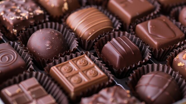 A detailed view of a rectangular gourmet chocolate box containing both milk and dark chocolates with decorative designs