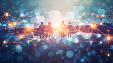 A group of people are holding hands in a circle, with a computer monitor in the background. Concept of unity and collaboration, as the people are working together towards a common goal