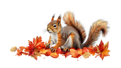 Squirrel with orange autumn leaf isolated on a transparent background, PNG, Ai