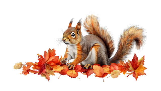 Squirrel with orange autumn leaf isolated on a transparent background, PNG, Ai