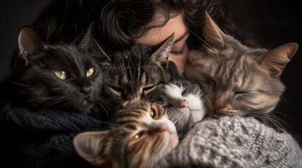 Feature a diverse array of cat breeds being hugged by their owners, showcasing the unique characteristics and personalities of each breed in a series of heartfelt images Hug Your Cat Day