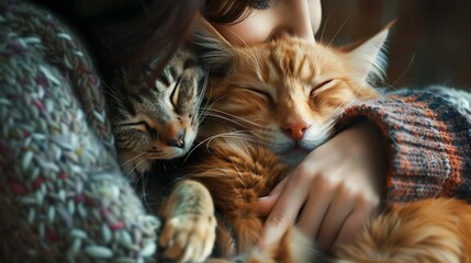 Capture a harmonious moment between a cat, a dog, and their owner, all embracing together to highlight the special bond shared between different pets and their human Hug Your Cat Day