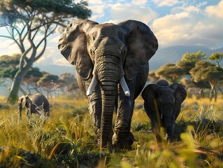Majestic African Elephant Herd Roaming Through Lush Savannah Landscape