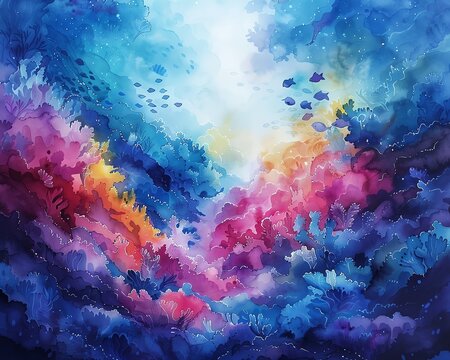 Create a mesmerizing watercolor painting of an underwater paradise, blending hues to form dreamy oceanic scenes Tilt the composition for added flair